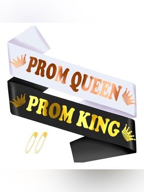 Prom Queen & Prom King Sashes - White and Black with Gold Lettering